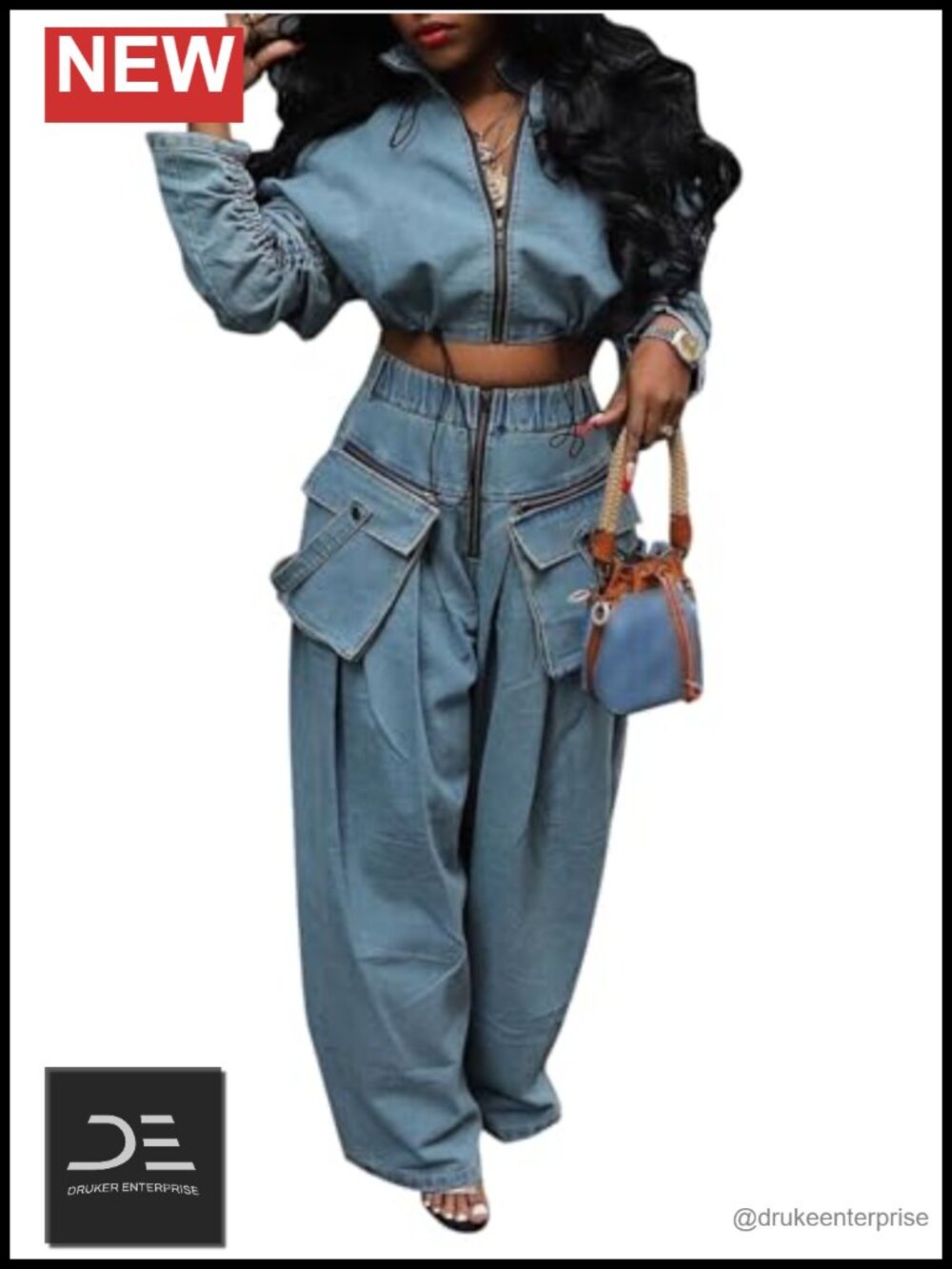 Women's Denim Two Piece Outfit Cropped Jacket Wide Leg Cargo Pants
